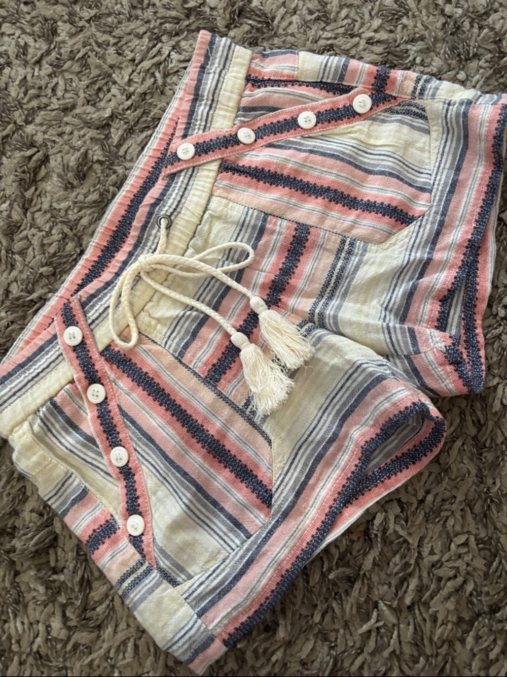 Rewind Striped Tassel Drawstring Shorts - Pink, Navy & Cream